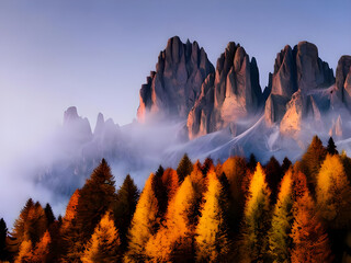 Mountains in fog with beautiful house and church at night in autumn. Landscape with high rocks, blue sky with moon. Rocky mountain peaks in clouds. Tre Cime in Dolomites, Italy