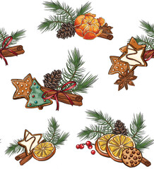 seamless holiday patterns. Hand-drawn composition with cinnamon, citrus and pine branches and cookies. for design, print, fabric or background.