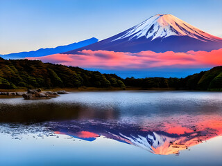 Fototapeta na wymiar Beautiful scenic landscape of mountain Fuji or Fujisan with reflection on Shoji lake at dawn with twilight sky in Yamanashi Prefecture, Japan