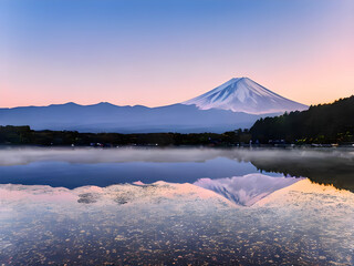 Beautiful scenic landscape of mountain Fuji or Fujisan with reflection on Shoji lake at dawn with...