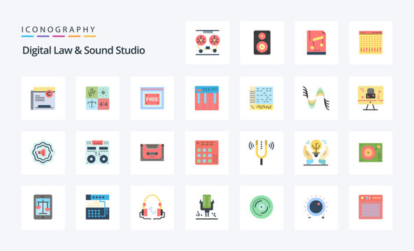 25 Digital Law And Sound Studio Flat color icon pack