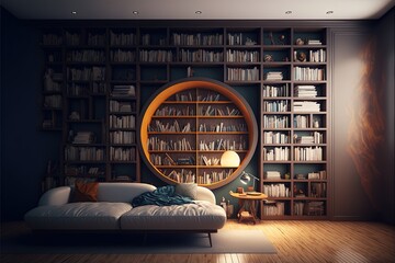 Big library shelves with many books in white contemporary living room interior. Generative ai illustration