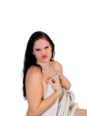 Obraz premium Caucasian Woman Holding Towel With Big Facial Expression