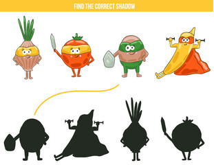 Shadow game for children with funny vegetables super hero in cartoon style