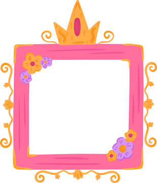 Cute pink princess frame with crown in simple cartoon style