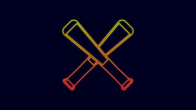 Glowing neon line Crossed baseball bat icon isolated on blue background. 4K Video motion graphic animation