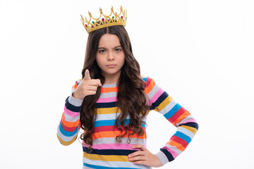 Girls birthday party, funny kid in crown. Imagine herself a queen, child wear diadem. Successful teenager wear luxury beauty queen crown, success. Serious teenager girl.