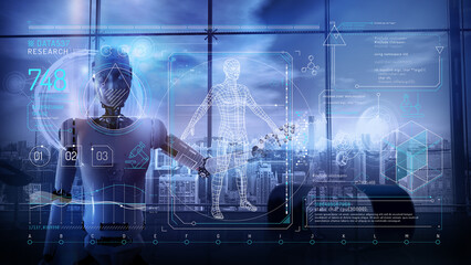 Virtual infographics with 3D human model and artificial intelligence.