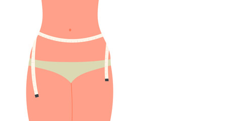Female slim body with measuring tape. Weight loss program, balanced diet vector illustration