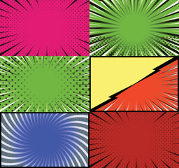 Comic book colorful frames background with halftone rays radial and dotted effects pop art style