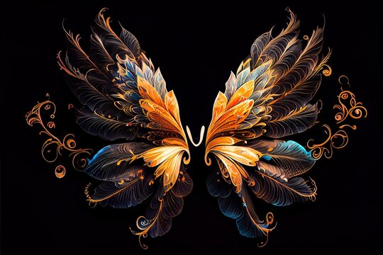 Photoshop overlays set to screen fairy wings drag and drop angel wings with black background for adobe composites. ornate, beautiful, intricate, wings.