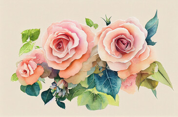 Watercolor paint the bouquet of pink roses, Generative Ai.