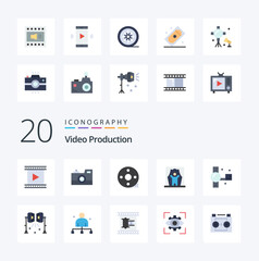 20 Video Production Flat Color icon Pack like celebrity actor retro camera filmmaking clapper
