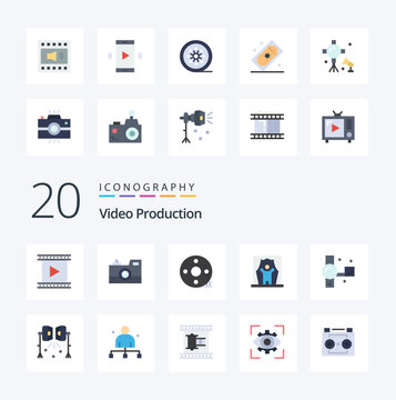 20 Video Production Flat Color icon Pack like celebrity actor retro camera filmmaking clapper