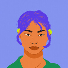 woman portrairt asian dyed hair green shirt nude lips blue background