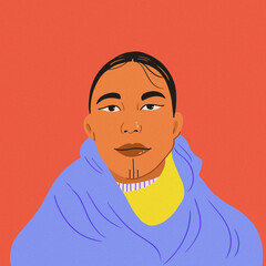 woman portrait indigenous facial paiting blue cloak orange background