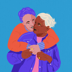 elderly interracial lesbian couple hug orange sweater purple jacket 
