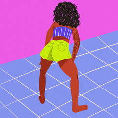 woman dancing funk green neon shorts pink background