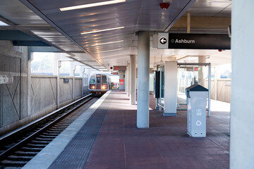 Train Arriving at Reston Subway Station in Virginia.