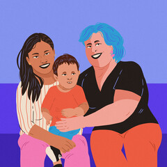 family portrait lesbian couple and toddler blue hair black shirt