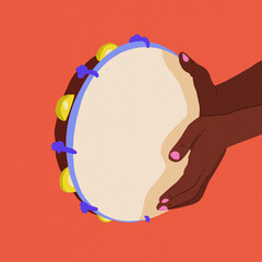 playing tambourin pink nails orange background 