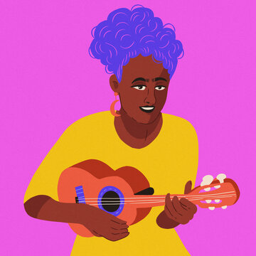 woman playing ukulele purple hair yellow shirt pink background