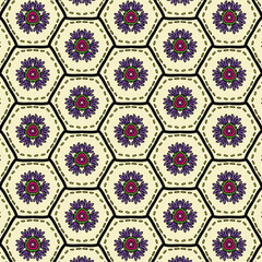 Purple flower background, Frabic pattern in hexagons