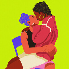 couple kissing chair pink jacket purple hair green background