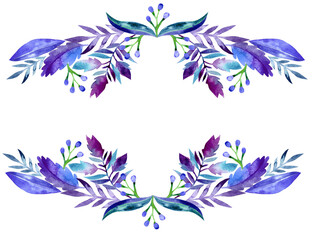 Blue watercolor floral frame for wedding invitations, cards, 500 dpi PNG illustration with transparent background, beautiful violet purple flue border frame 