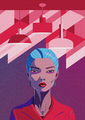Viva Magenta color of the year, stylish woman, fashion illustration with texture effect