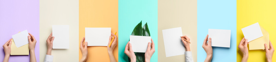 Collection of female hands holding blank paper sheets on color background