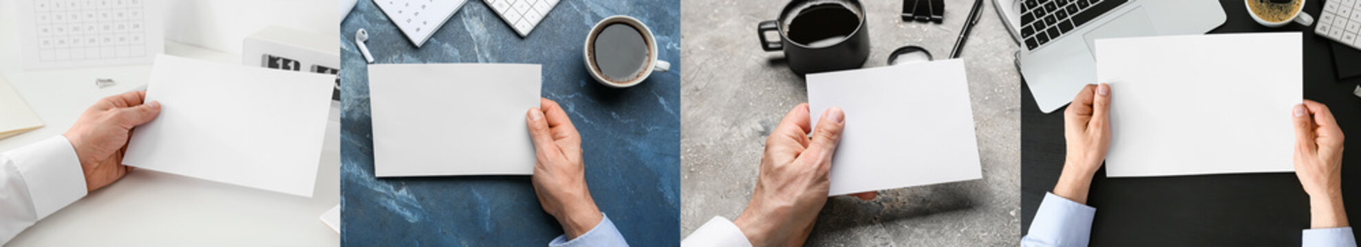 Collage Of Male Hands Holding Blank Paper Sheets At Workplace, Top View