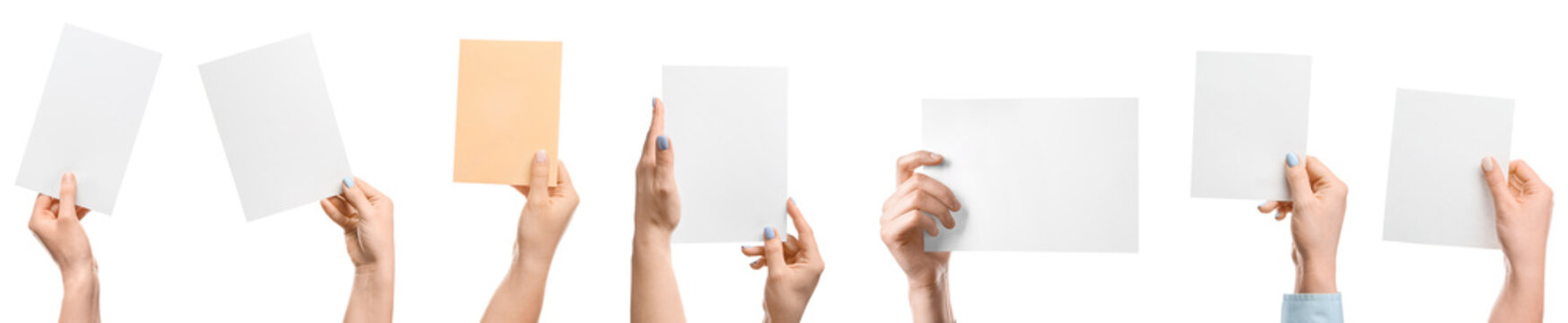 Collage of female hands holding blank paper sheets on white background