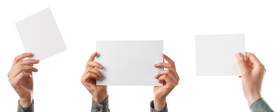 Collection Of Female Hands Holding Blank Paper Sheets On White Background