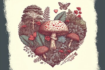 Mushroom Heart Every Mushroom. True love of mushrooms. Generative ai illustration for you web, valentine card orT-Shirt Design For Mushroom Lovers.