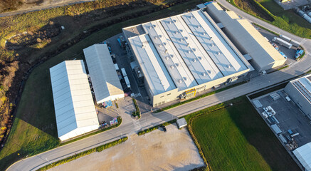 Warehouses in industrial zone aerial view