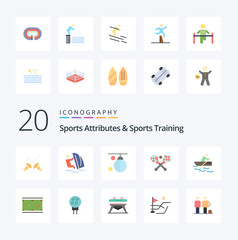 20 Sports Atributes And Sports Training Flat Color icon Pack like boat stick bag lacrosse training
