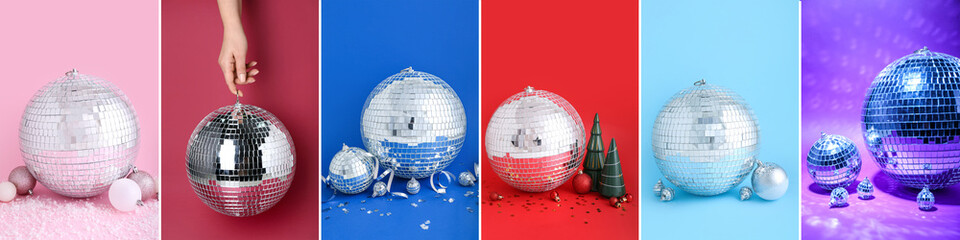 Collage of disco balls with Christmas decorations on color background