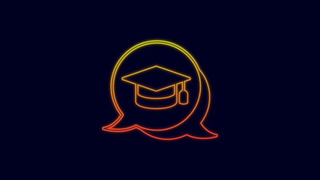 Glowing neon line Graduation cap in speech bubble icon isolated on blue background. Graduation hat with tassel icon. 4K Video motion graphic animation