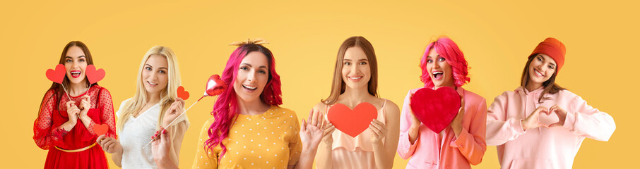 Collage with different beautiful women on yellow background. Valentine's Day celebration