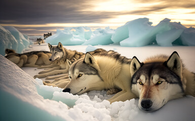 A team of husky sled dogs rest on sea ice, Greenland. digital art  - obrazy, fototapety, plakaty