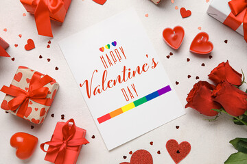Greeting card for Valentine's Day, gifts, roses, candles and hearts on light background