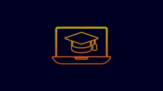 Glowing neon line Graduation cap on screen laptop icon isolated on blue background. Online learning or e-learning concept. 4K Video motion graphic animation