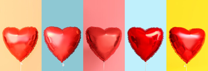 Collection of beautiful heart-shaped balloons for Valentine's Day celebration on color background