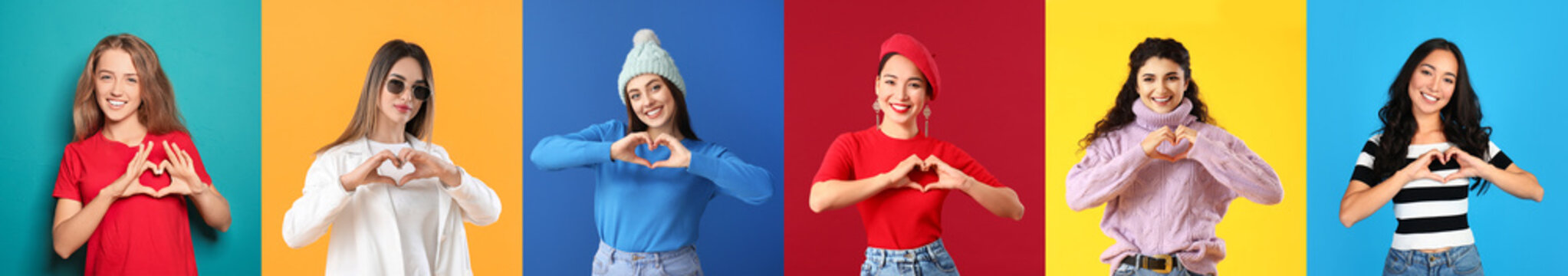 Collage of different young women making heart shape with their hands on color background