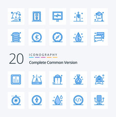 20 Complete Common Version Blue Color icon Pack like accessories research save laboratory beaker