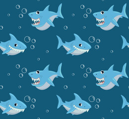 Shark seamless pattern. Repeating design element for printing on fabric. Marine predator and representative of underwater world. Fish with big fin and teeth. Cartoon flat vector illustration