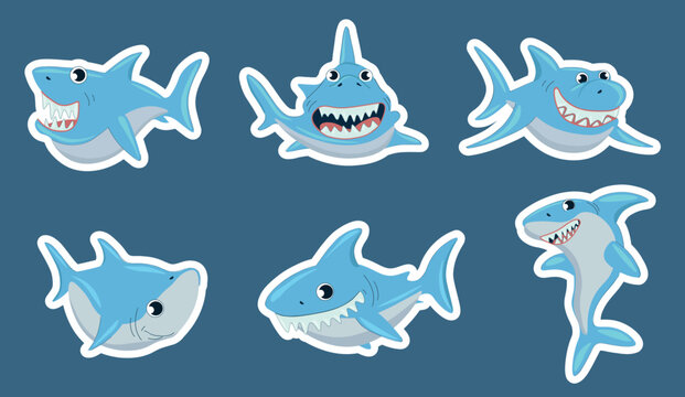 Shark stickers set. Collection of graphic elements for website. Predator with big teeth and fin, representative of underwater world. Cartoon flat vector illustrations isolated on blue background