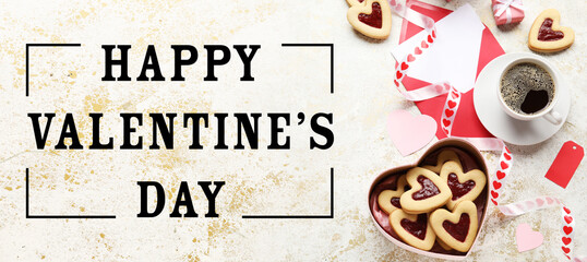 Greeting card for Valentine's Day with tasty cookies and coffee