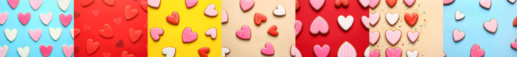 Collage with many heart-shaped cookies for Valentine's Day on colorful background